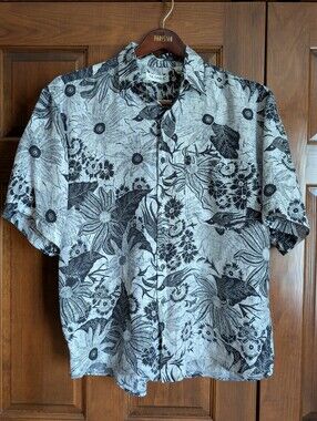 Men’s L 100% Silk Floral Button Down Shirt Black White Summa Silk Casual